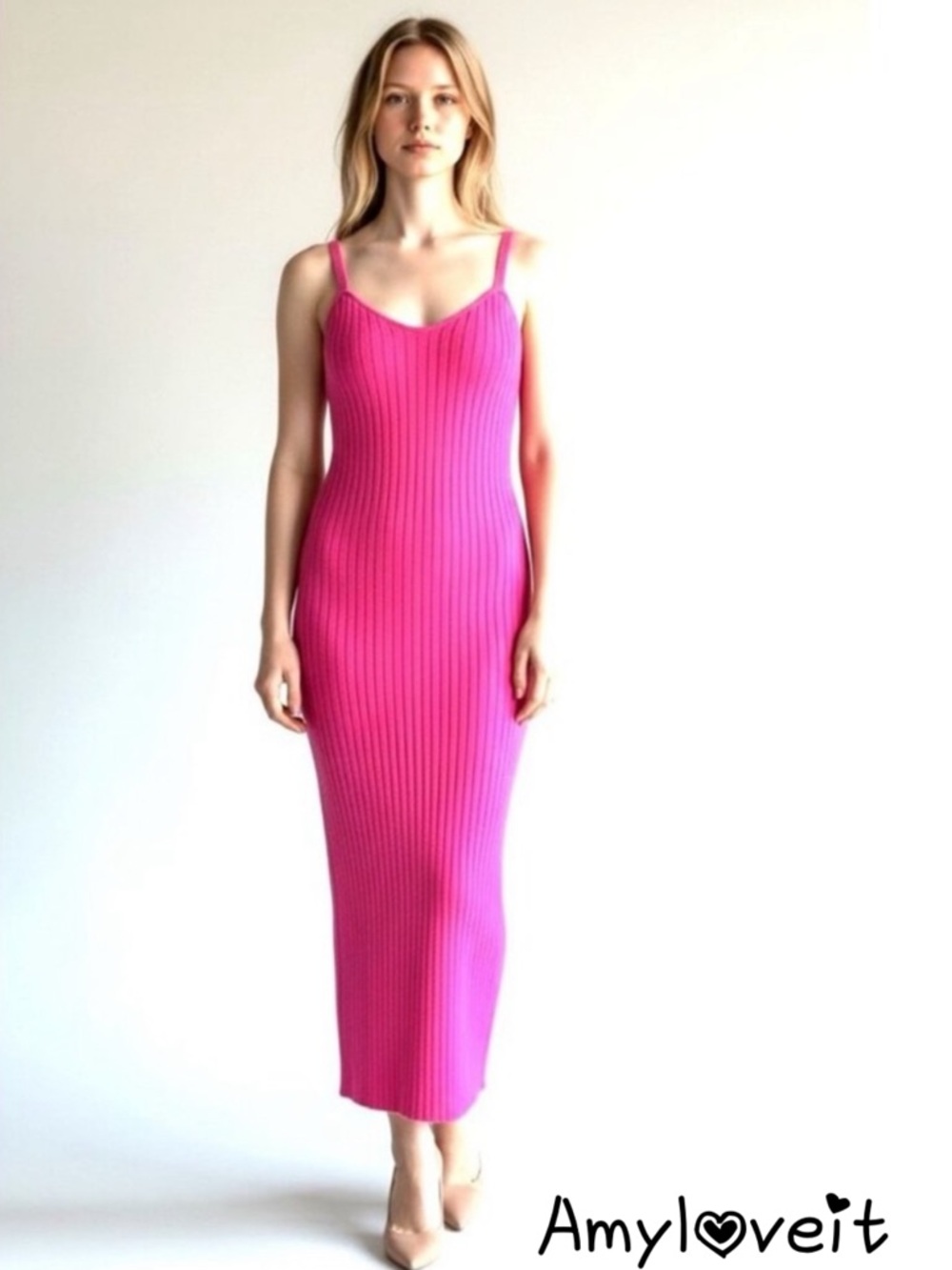 Zara Ribbed V-Neck Midi Bodycon Dress #91